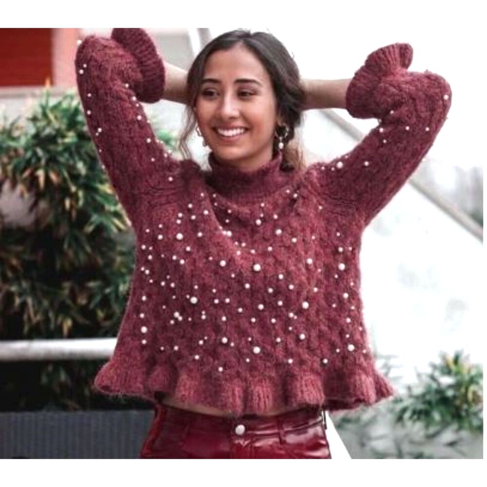 ZARA Alpaca Blend Sweater with Pearl Appliqué, size L